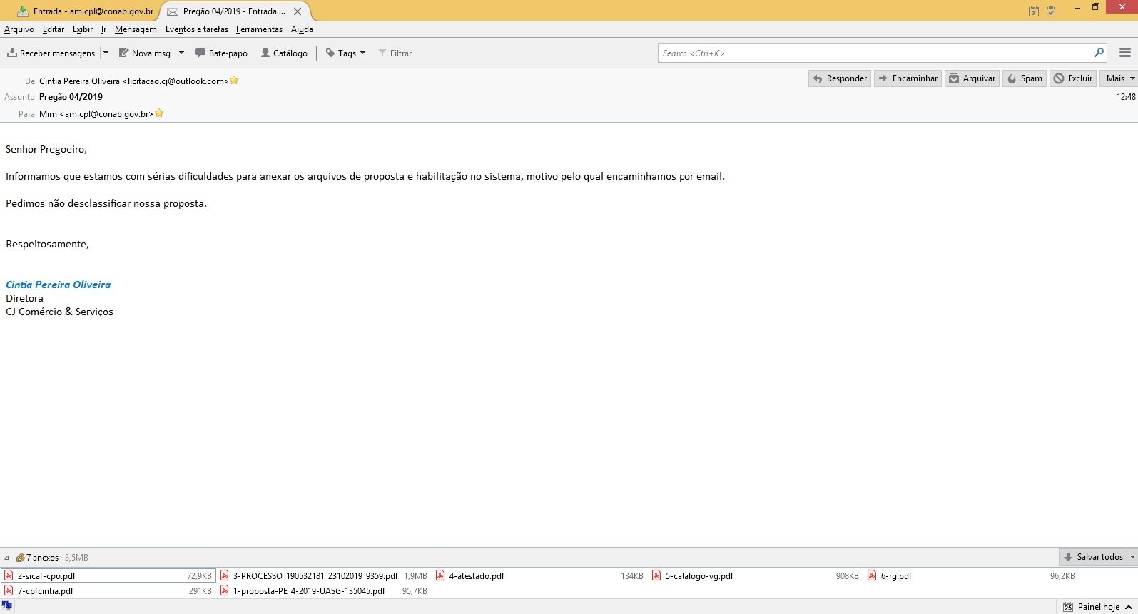 Edital de Pregão Eletrônico Envio de Documento Complementar - Cintia Conab/Sureg-AM SRP nº 04/2019