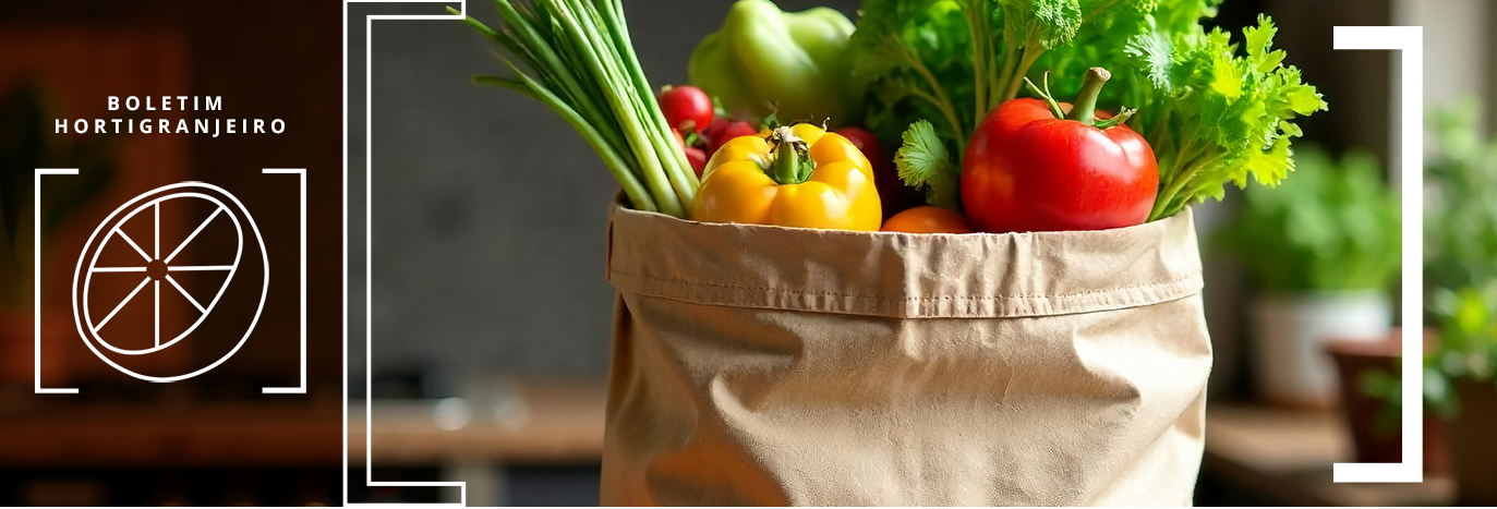 Imagem 3º Boletim Prohort 2026. sacola com pimentão vermelho, pimentão amarelo, cebolinha e salsa