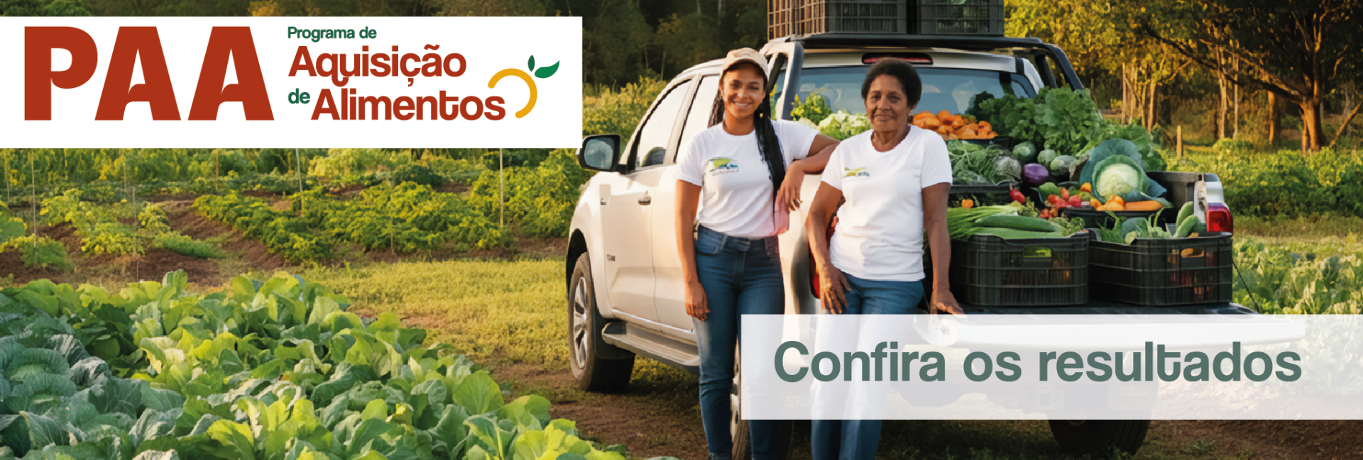 Banner Resultado. Imagem: duas agrricultoras no campo encostadas em uma caminhonte carregadas de hortaliças.