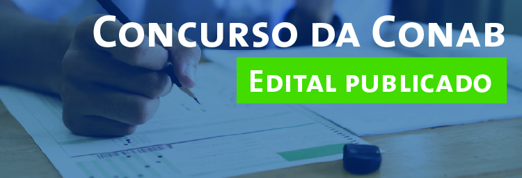 Imagem com uma mão segurando um lápis fazendo a prova. Texto: Saiba mais sobre o novo Concurso Público da Conab - Edital Publicado