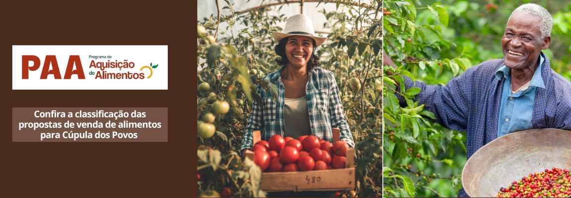 Imagem de agricultora com tomate e agricultor com acerola. Indicação para conferir classificação das propostas de venda de alimentos para Cúpula dos Povos