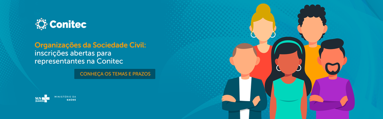 Banner ilustrativo de inscrições abertas para representantes de OSCs participarem das reuniões da Conitec