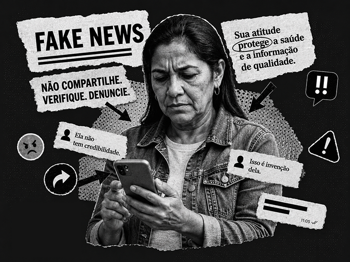 Imagem em proto e branco de mulher idosa desconfida olhando para o celular