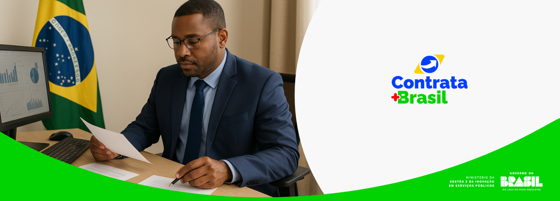 imagem de um homem trabalhando no escritório com uma bandeira do brasil ao fundo