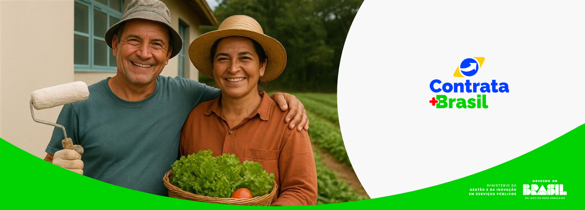 imagem de um homem com rolo de pintura na mão, uma mulher com cesta de verduras e uma plantação de verduras ao fundo