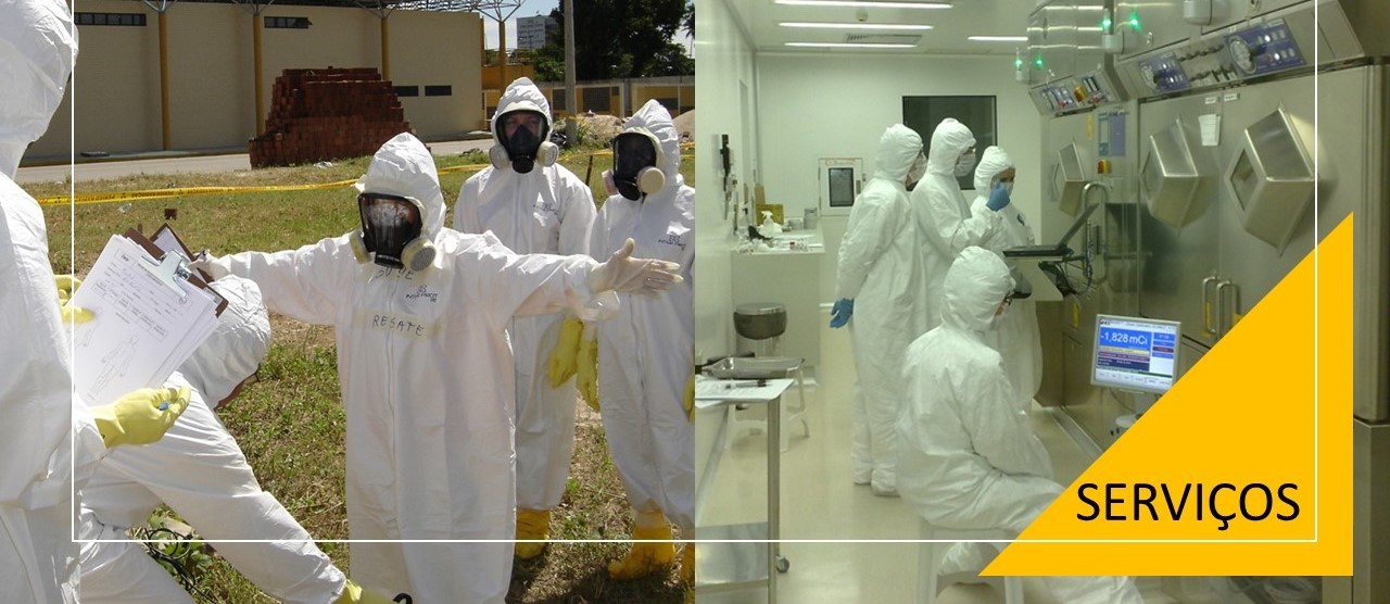 Imagem dividida ao meio, do lado esquerdo mostram pessoas vestidas com roupa de proteção radiológica e do lado direito pessoas produzindo o radiofármaco.