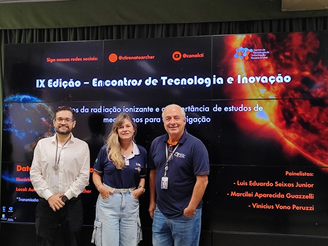 Os palestrantes Vinicius Vono Peruzzi, Marcilei Aparecida Guazzelli e Luís Eduardo Seixas Jr.