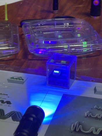 O cubo com impressões em 3D do logo da Ilum em escala nanométrica.