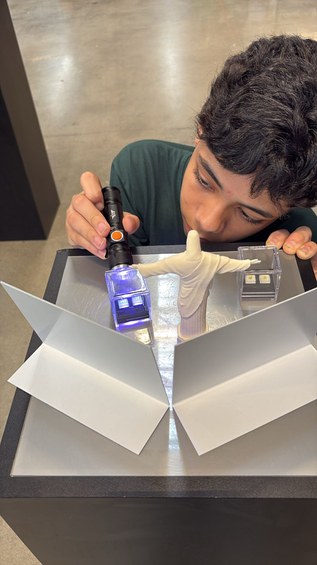 Visitante observa estruturas em escala nanométrica feitas com polimerização por dois fótons.