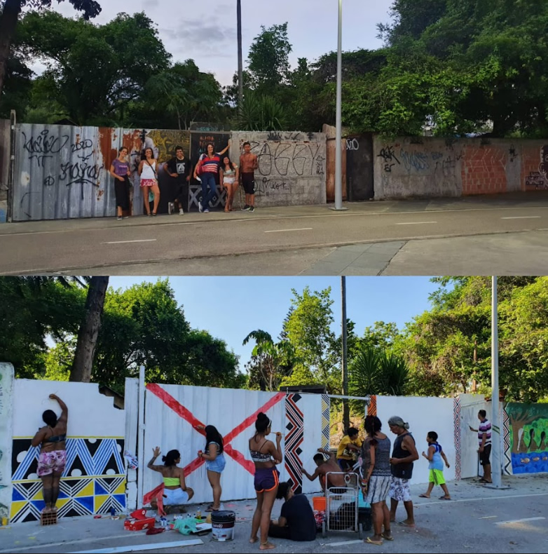 Imagem de pessoas indígenas mostrando o antes e o depois da pintura