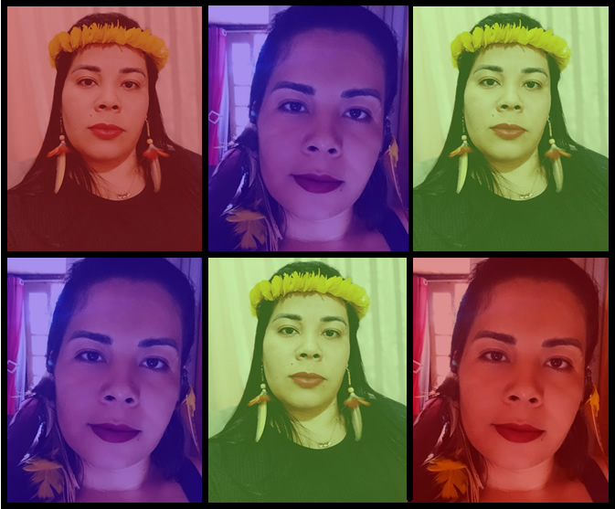 Banner com imagens da Rejane em tons vermelhos, azuis e verdes