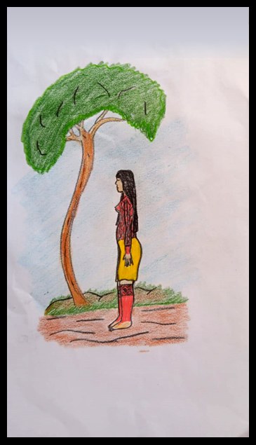 A Arte de Leandro Cacro Krahô, este é o desenho 3, mostra uma indígena embaixo de uma árvore aproveitando sua sombra.