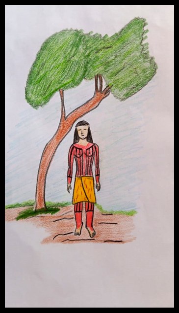 A Arte de Leandro Cacro Krahô, este é o desenho 1, mostra um indígena olhando para frente, embaixo de uma árvore.