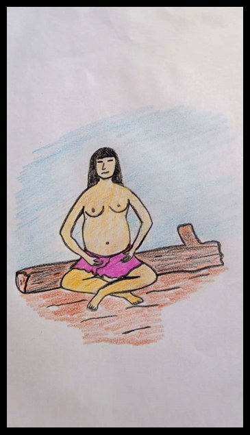 A Arte de Leandro Cacro Krahô, este é o desenho 2, nos mostra uma indígena sentada em um tronco no chão.