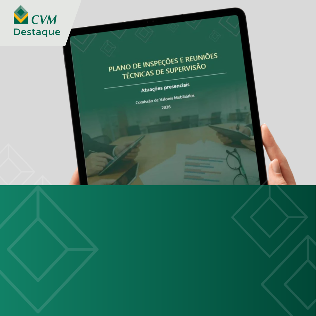 Tablet exibe plano de inspeções e reuniões técnicas da CVM para 2026.