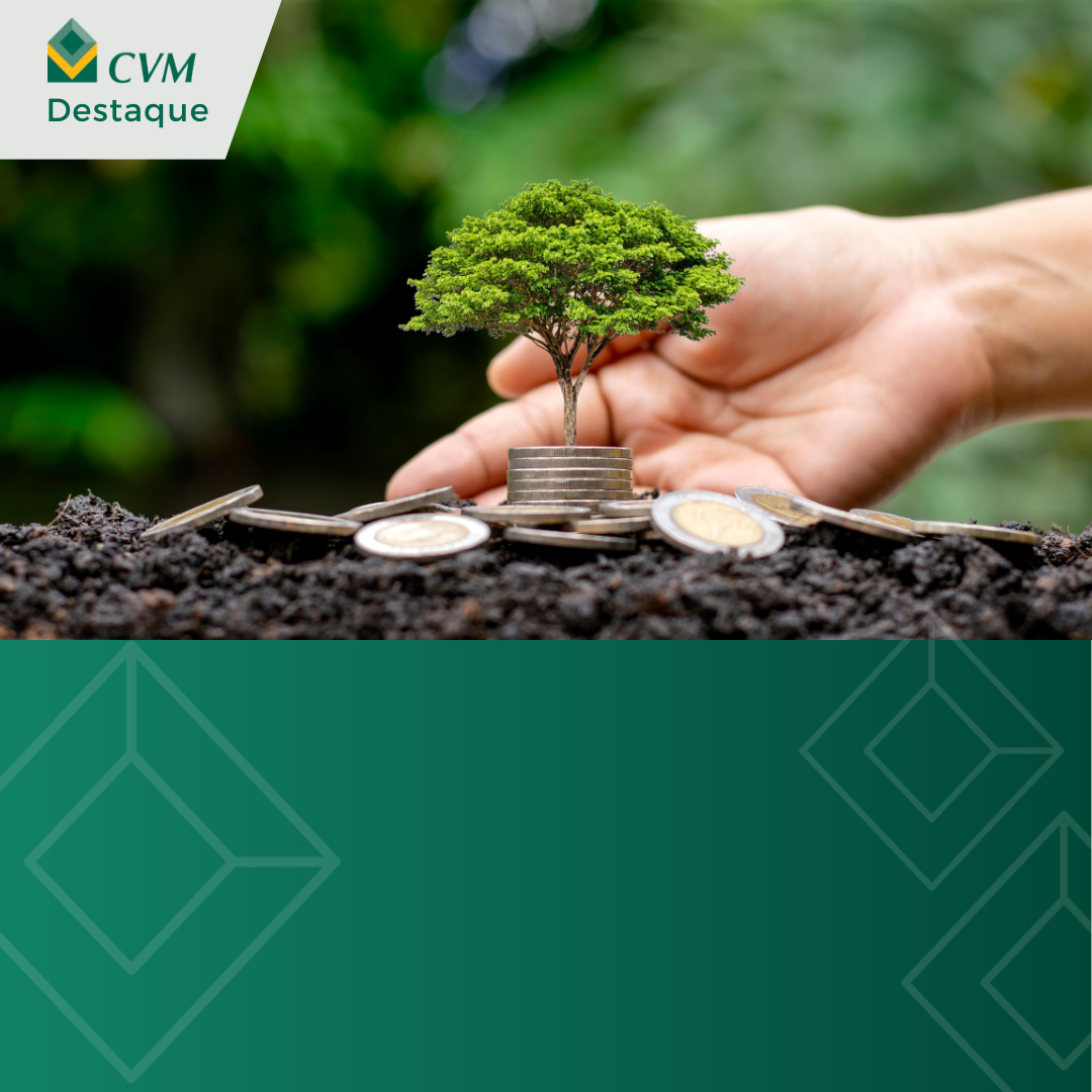 Muda cresce sobre moedas em solo, com uma mão apoiando ao fundo.