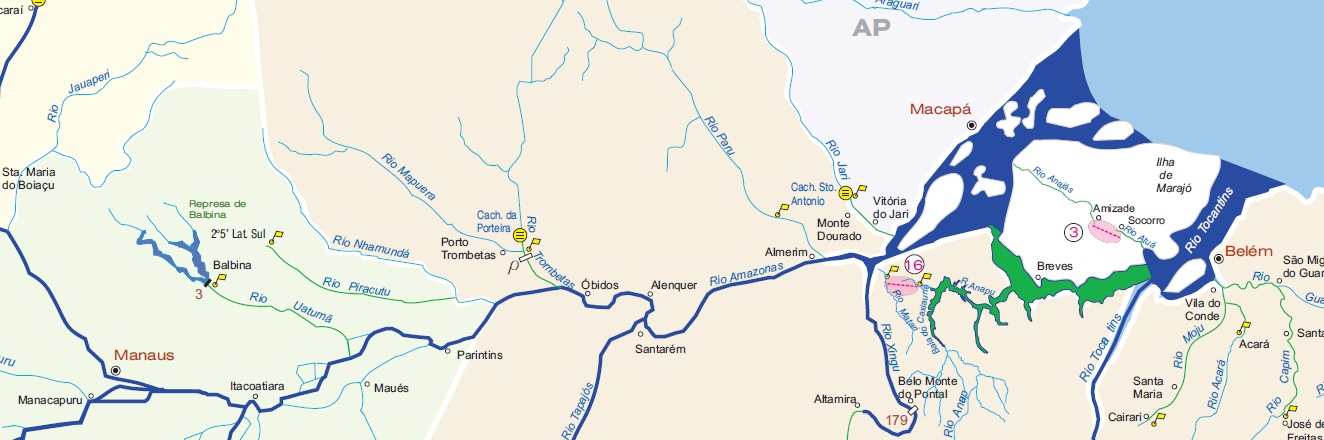 Mapa com visão geral da hidrovia do Solimões/Amazonas em seu trecho de Manaus a Belém.