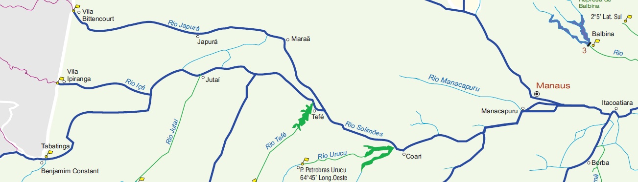Mapa com visão geral da hidrovia do Solimões/Amazonas em seu trecho de Tabatinga a Manaus.