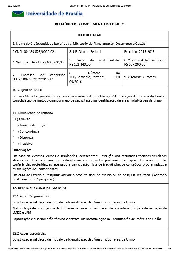 RELATÓRIO DE CUMPRIMENTO DO OBJETO - Termo de Execução Descentralizada nº 009/2016 