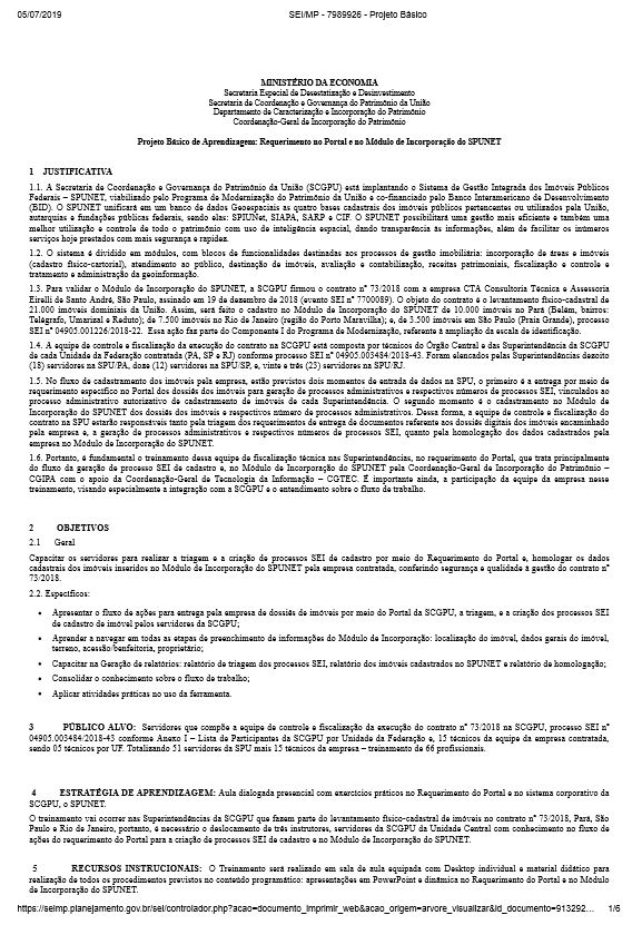 Projeto Básico de Aprendizagem: Requerimento no Portal e no Módulo de Incorporação do SPUNET