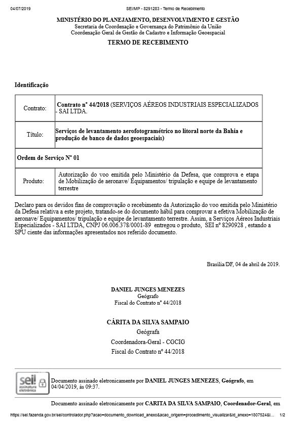 Termo de Recebimento – OS 1  - Autorização do voo emitida pelo Ministério da Defesa