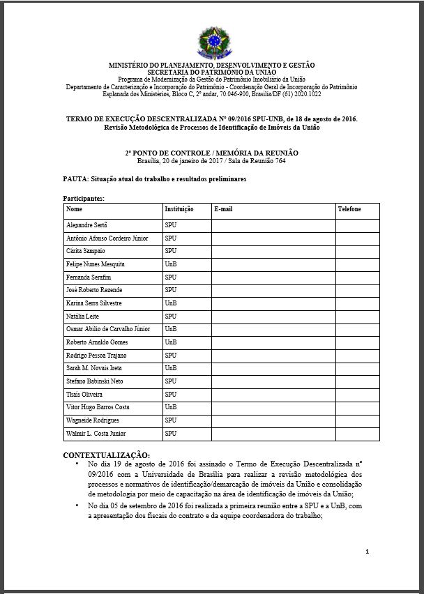 TERMO DE EXECUÇÃO DESCENTRALIZADA Nº 09/2016 SPU-UNB