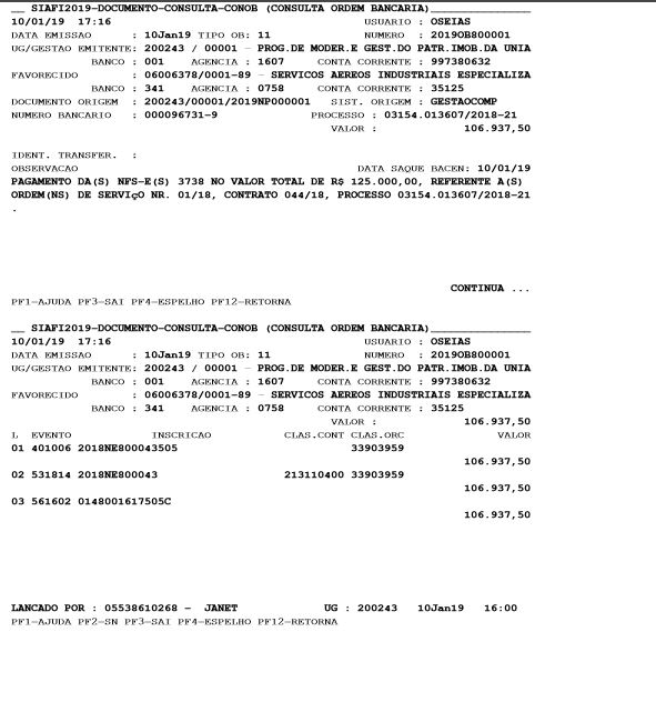 Ordem Bancária – pagamento OS 1 