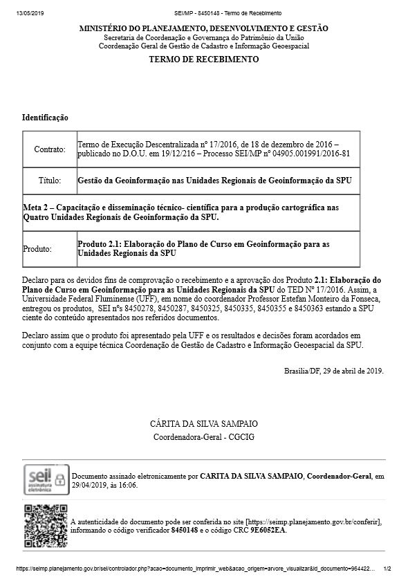 TERMO DE RECEBIMENTO - Elaboração do Plano de Curso em Geoinformação para as Unidades Regionais da SPU