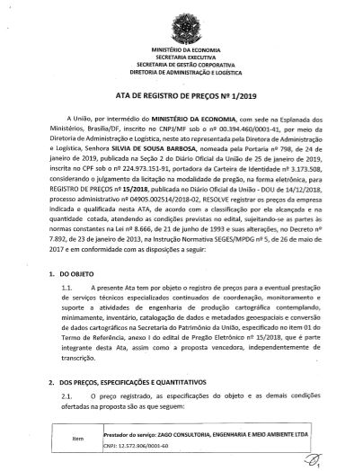 ATA DE REGISTRO DE PREÇOS N9 1/2019 