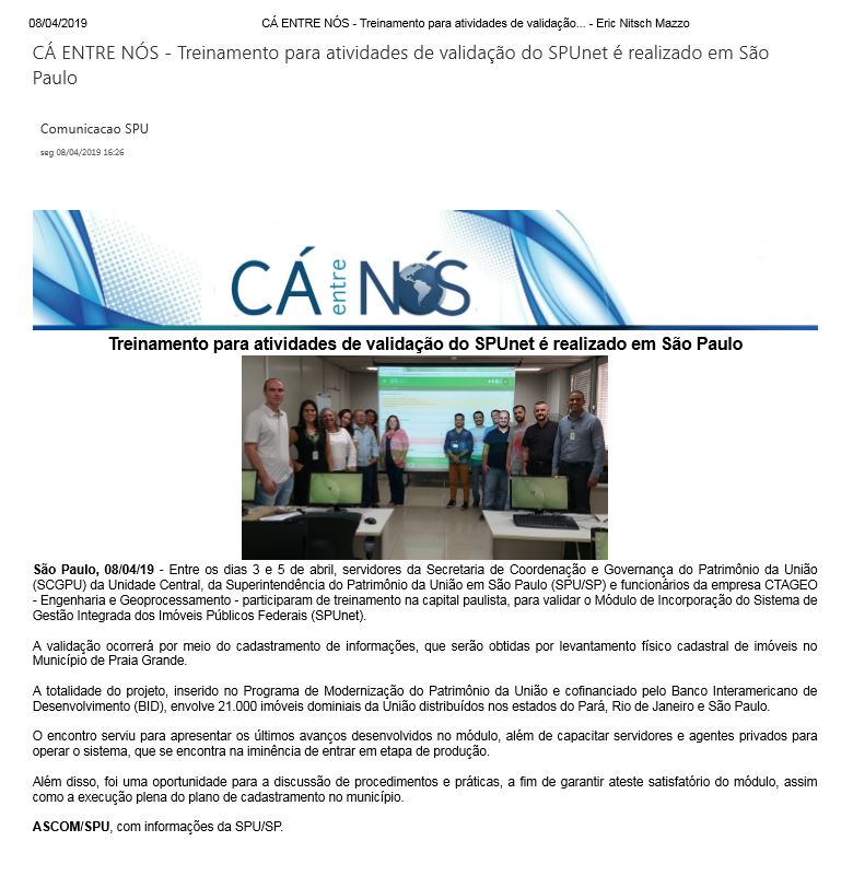 Cá Entre Nós - Treinamento para atividades de validação do SPUnet é realizado em São Paulo