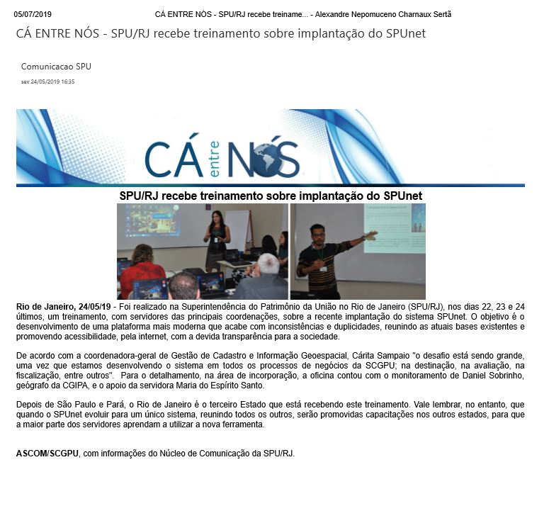 Cá Entre Nós - SPU/RJ recebe treinamento sobre implantação do SPUnet