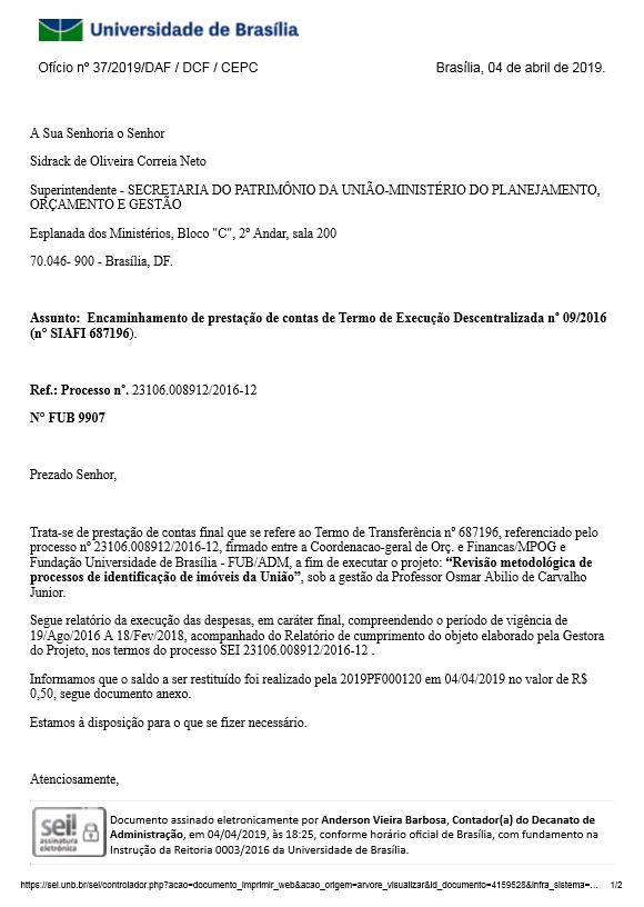 Ofício nº 37/2019/DAF / DCF / CEPC 