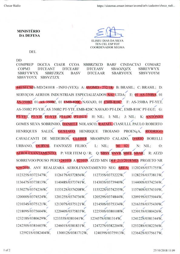 Autorização de voo emitida pelo Ministério da Defesa 