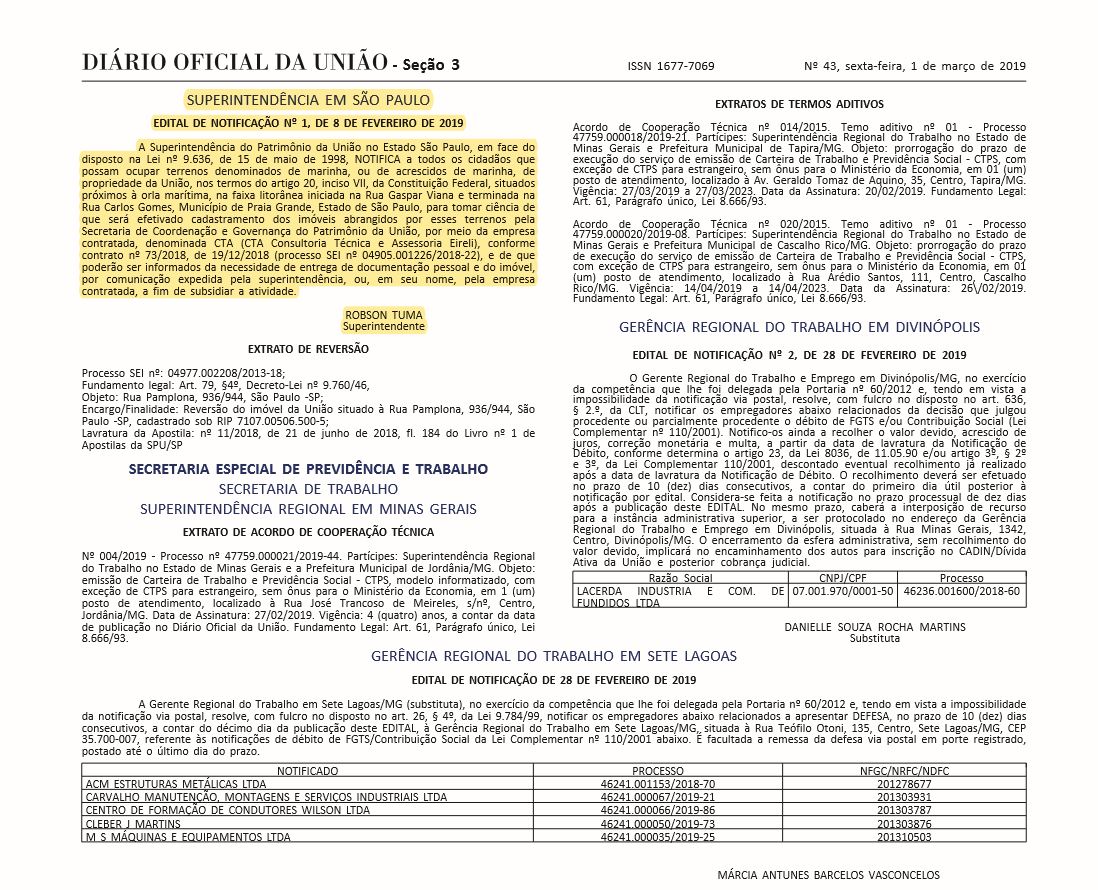 EDITAL DE NOTIFICAÇÃO Nº 1, DE 8 DE FEVEREIRO DE 2019