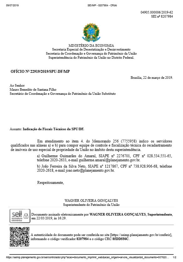 OFÍCIO Nº 22919/2019/SPU-DF/MP 