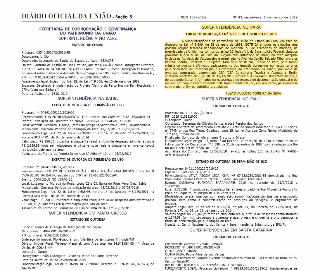 EDITAL DE NOTIFICAÇÃO Nº 1, DE 8 DE FEVEREIRO DE 2019