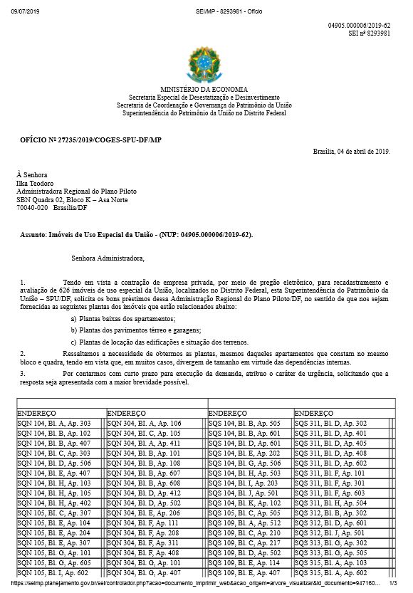 OFÍCIO Nº 27235/2019/COGES-SPU-DF/MP