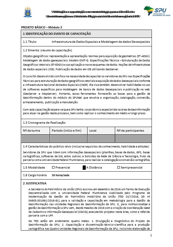 PROJETO BÁSICO – Módulo 3: Infraestrutura de Dados Espaciais e Modelagem de dados Geoespaciais