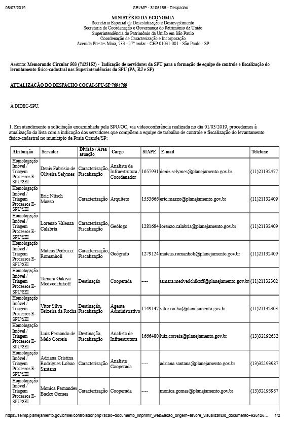 Despacho – Assunto: Memorando Circular 503 (7422152) -  Indicação de servidores da SPU/SP para a formação de equipe de controle e fiscalização do levantamento físico-cadastral nas Superintendências da SPU (PA, RJ e SP) 