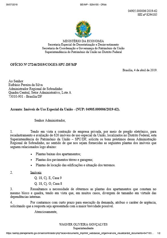 OFÍCIO Nº 27246/2019/COGES-SPU-DF/MP