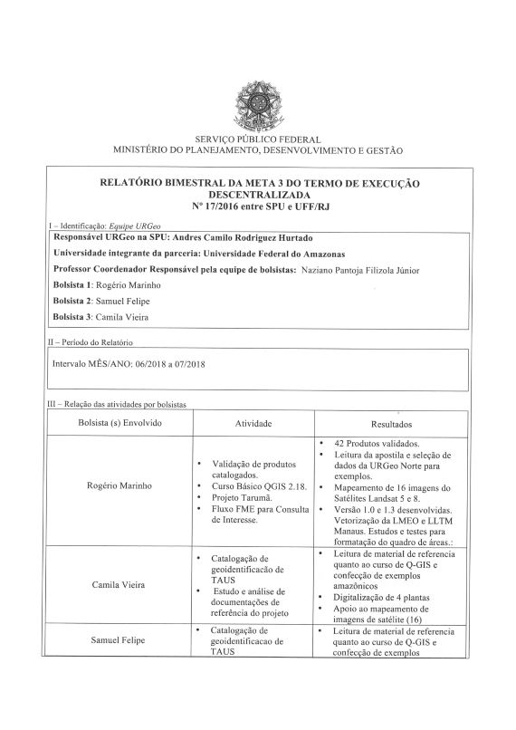 Relatório Bimestral da Meta 03 do Termo de Execução Descentralizada Nº 17/2016 entre SPU e UFF/RJ 