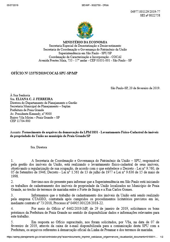 OFÍCIO Nº 13375/2019/COCAI-SPU-SP/MP 