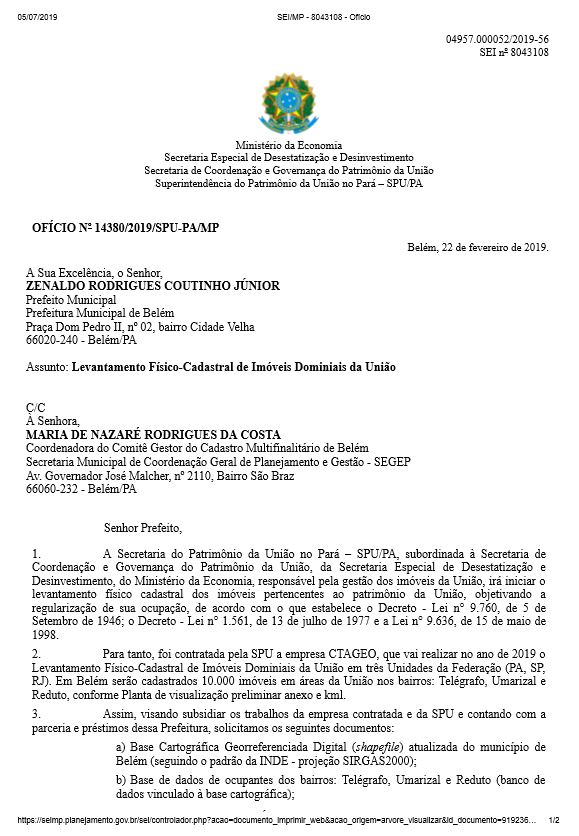 OFÍCIO Nº 14380/2019/SPU-PA/MP 