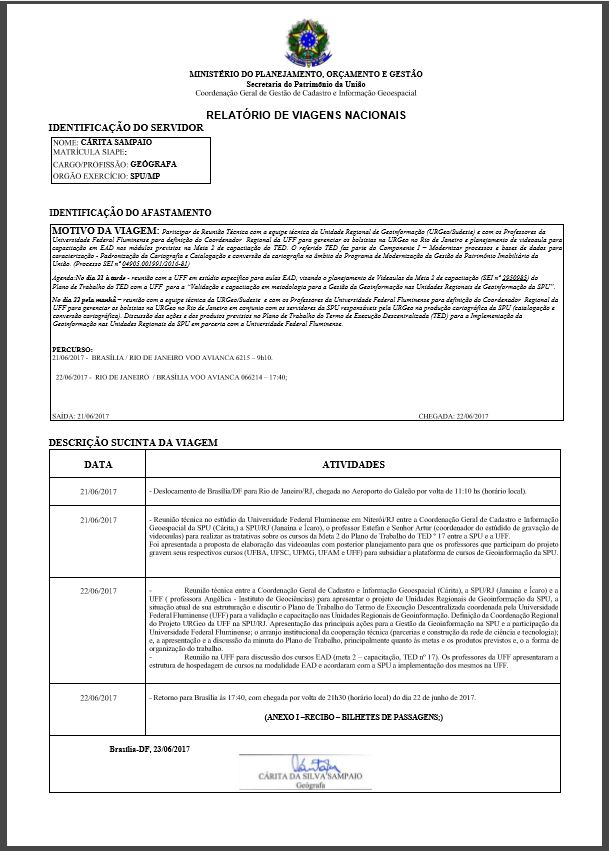 RELATÓRIO DE VIAGENS NACIONAIS e AJUDA MEMORIA DAS REUNIÕES NO RIO DE JANEIRO 