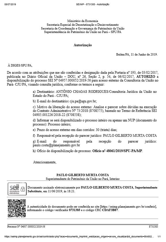 Autorização - Disponibilização do processo SEI Nº 04957.000052/2019-56 para acesso externo