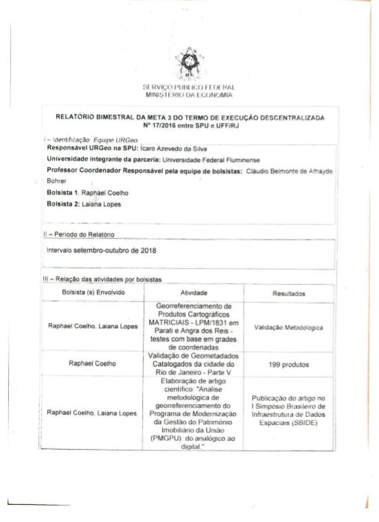 Relatório Bimestral da Meta 03 do Termo de Execução Descentralizada Nº 17/2016 entre SPU e UFF/RJ     