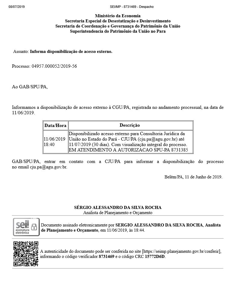 Despacho - Assunto: Informa disponibilização de acesso externo