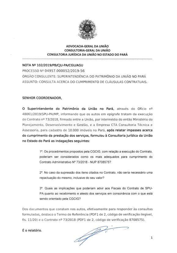 Nota Nº 102/2019/PB/CJU-PA/CGU/AGU 