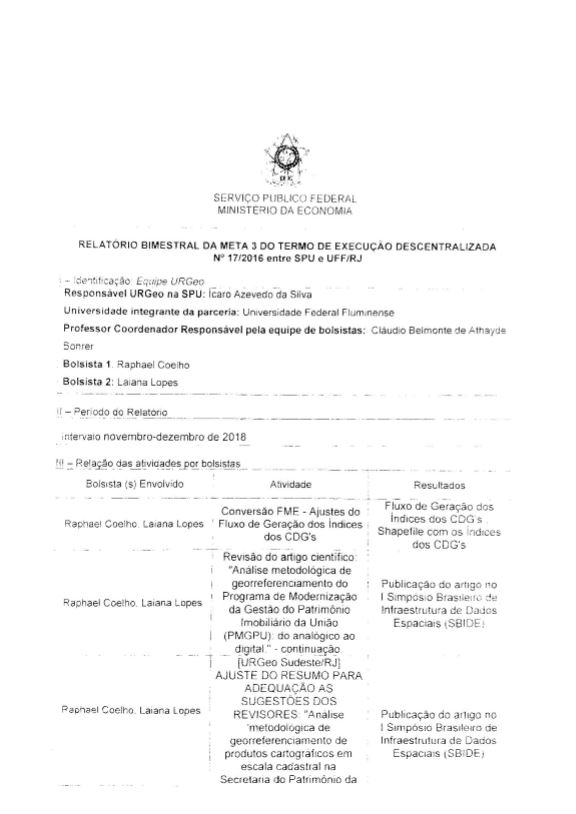 Relatório Bimestral da Meta 03 do Termo de Execução Descentralizada Nº 17/2016 entre SPU e UFF/RJ 