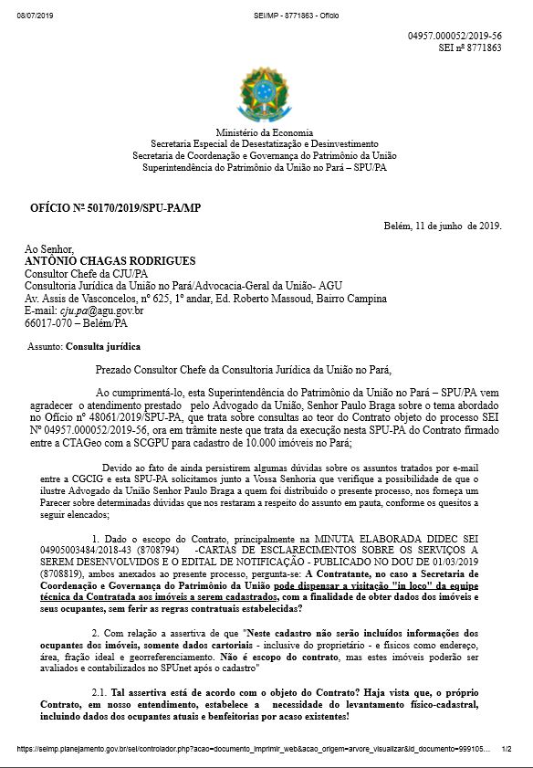 OFÍCIO Nº 50170/2019/SPU-PA/MP 